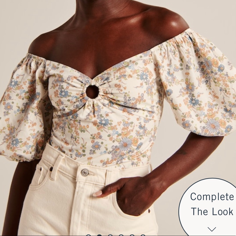 Abercrombie & Fitch - Puff Sleeve Poplin O-Ring Top;Large; White Pattern
